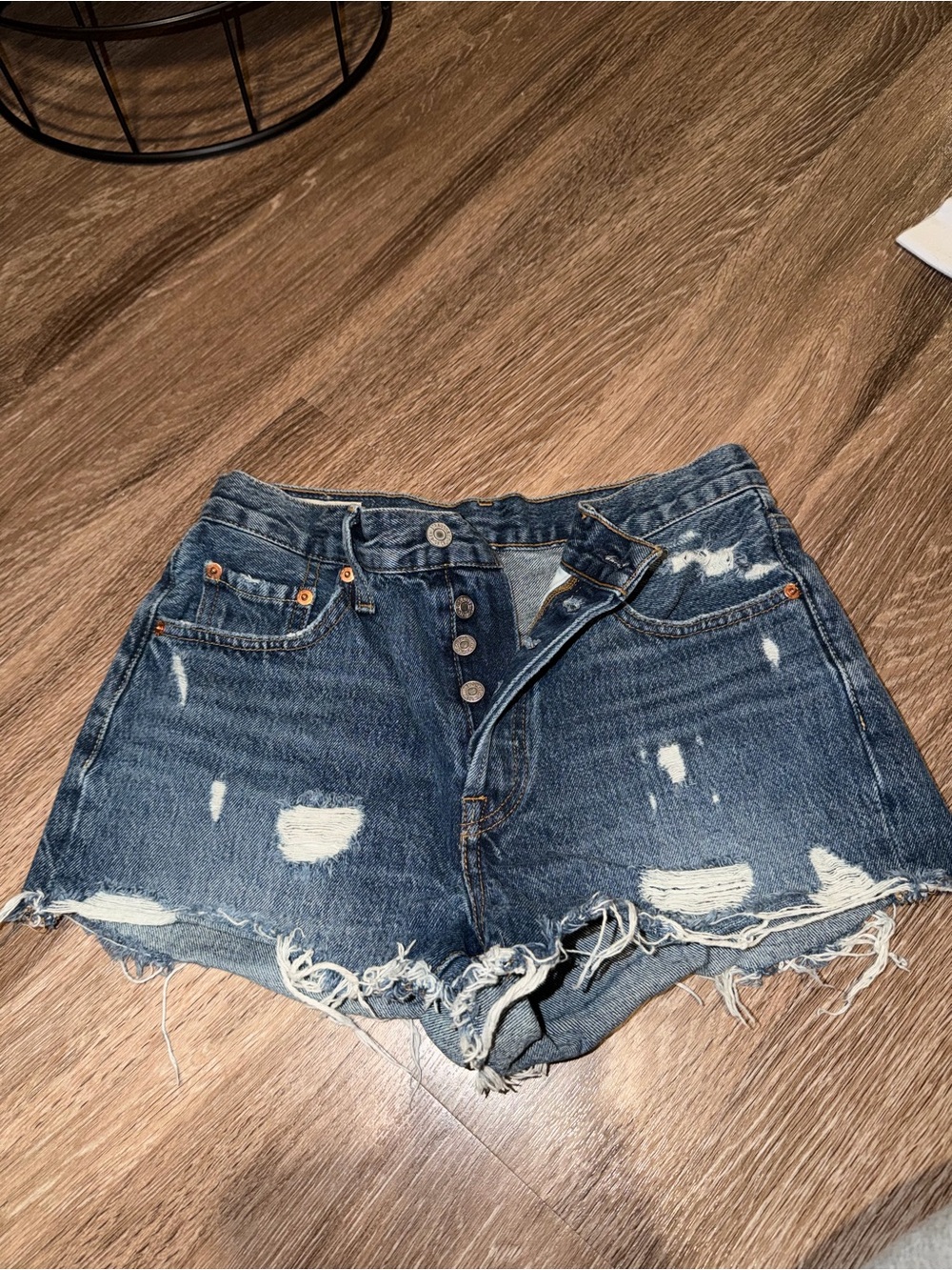 Levi's 501 Distressed Dark Blue High-Rise Jean Shorts